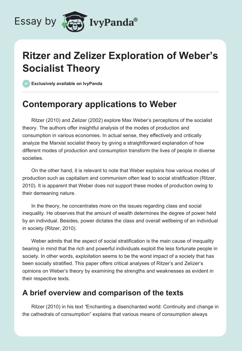 Ritzer and Zelizer Exploration of Weber’s Socialist Theory. Page 1