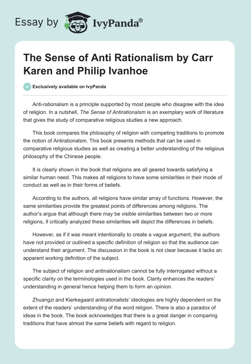 "The Sense of Anti Rationalism" by Carr Karen and Philip Ivanhoe. Page 1