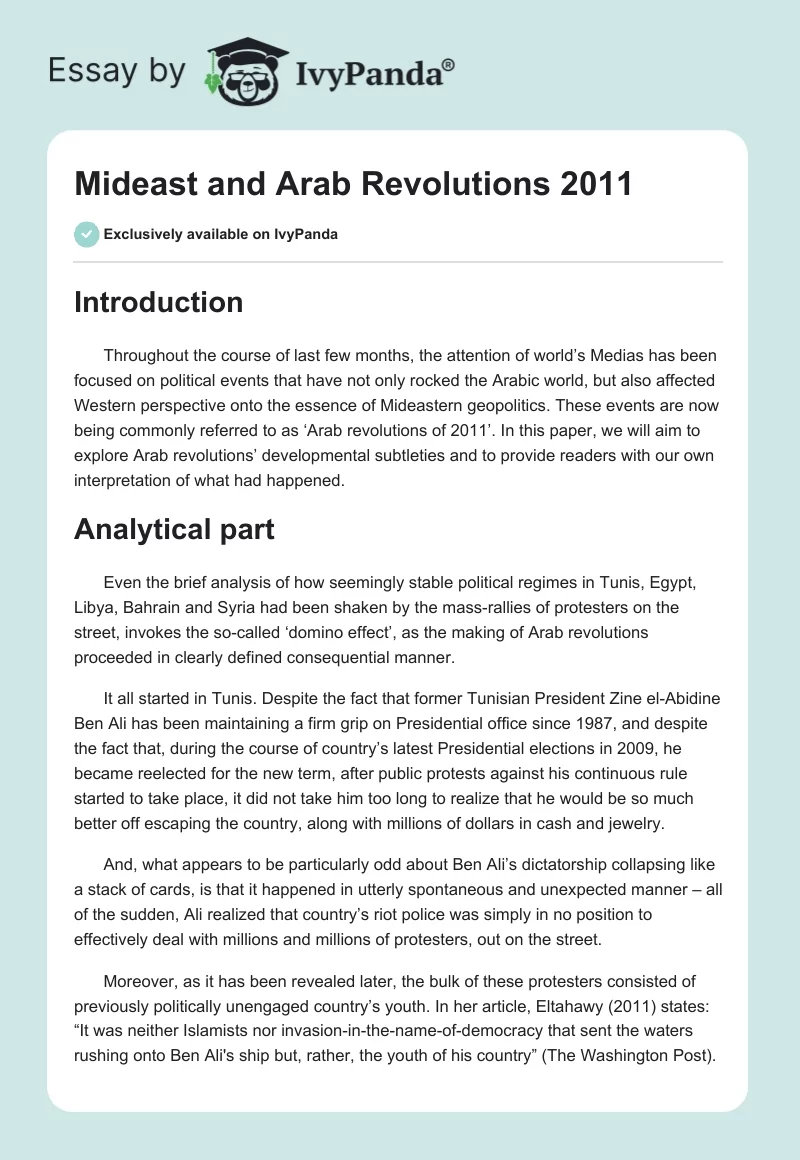 Mideast and Arab Revolutions 2011. Page 1