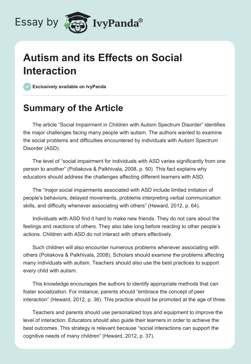 Autism and Its Effects on Social Interaction. Page 1
