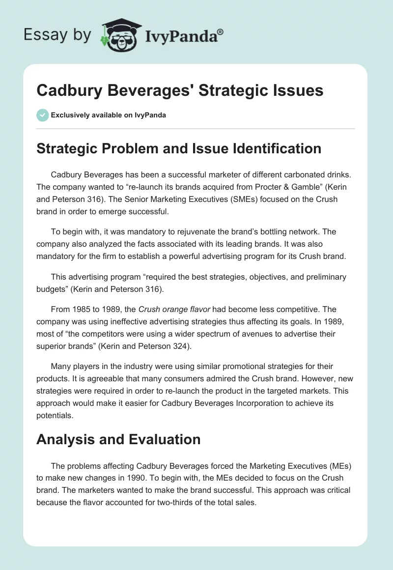Cadbury Beverages' Strategic Issues. Page 1