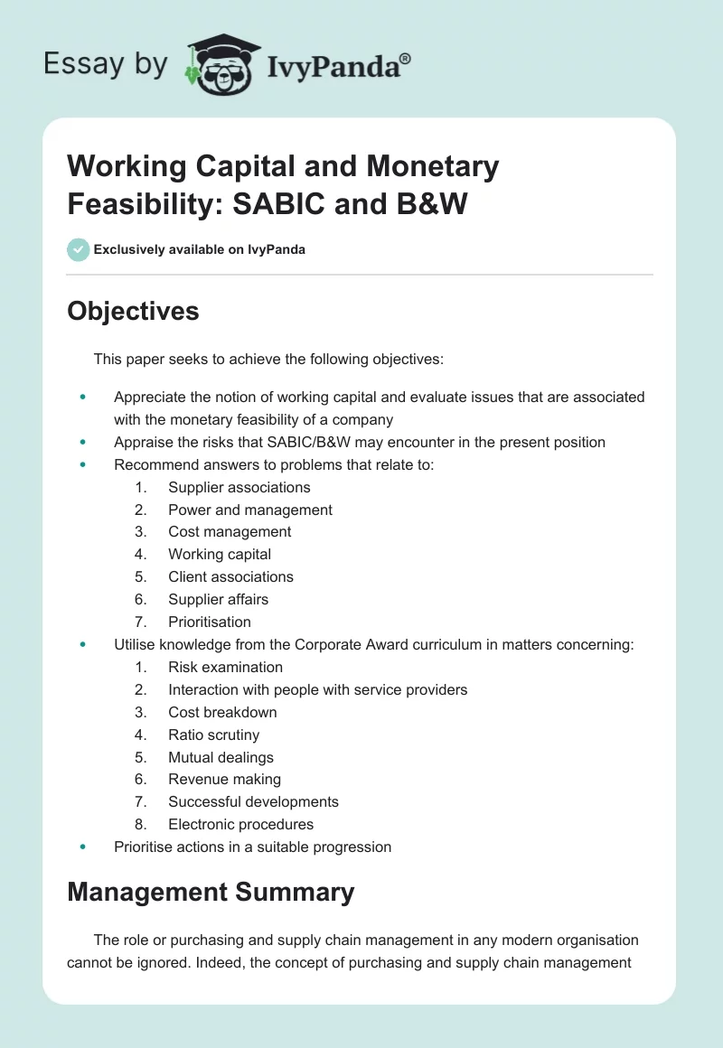 Working Capital and Monetary Feasibility: SABIC and B&W. Page 1