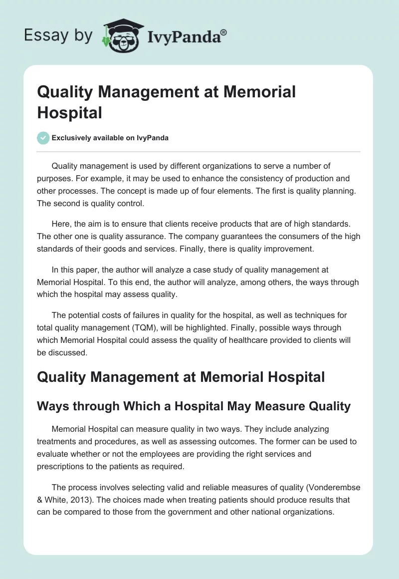 Quality Management at Memorial Hospital. Page 1