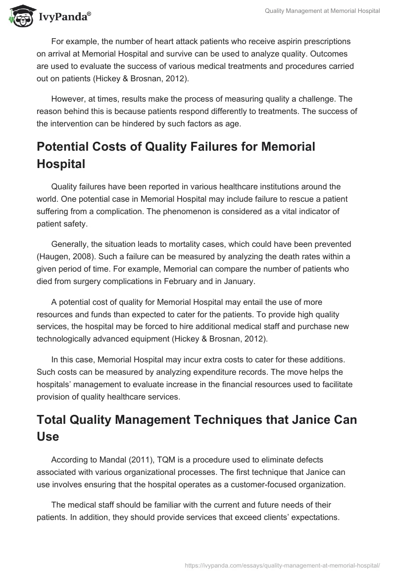 Quality Management at Memorial Hospital. Page 2