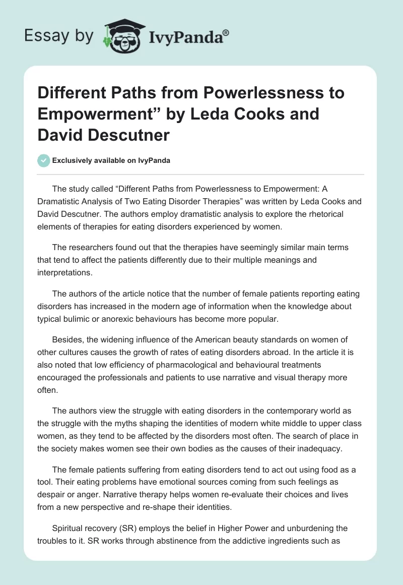 "Different Paths from Powerlessness to Empowerment” by Leda Cooks and David Descutner. Page 1