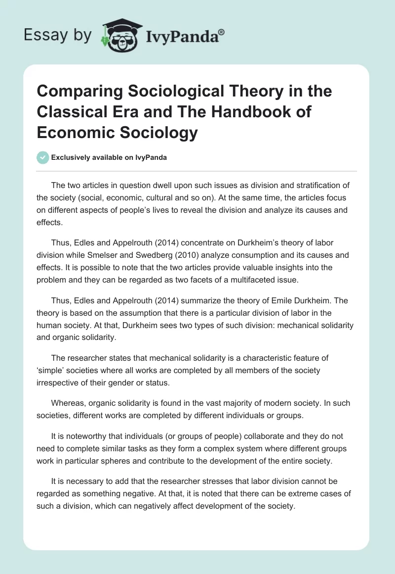 Comparing "Sociological Theory in the Classical Era" and "The Handbook of Economic Sociology". Page 1