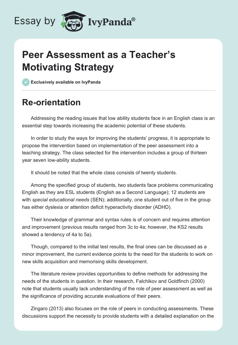 Peer Assessment as a Teacher’s Motivating Strategy. Page 1
