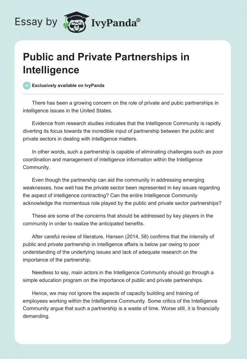 Public and Private Partnerships in Intelligence. Page 1