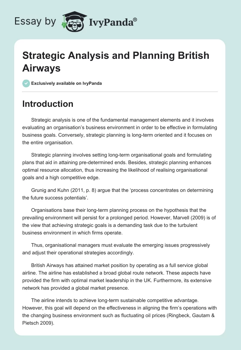 Strategic Analysis and Planning British Airways. Page 1