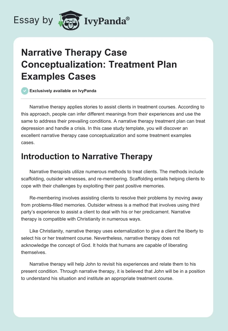 Narrative Therapy Case Conceptualization: Treatment Plan Examples Cases. Page 1