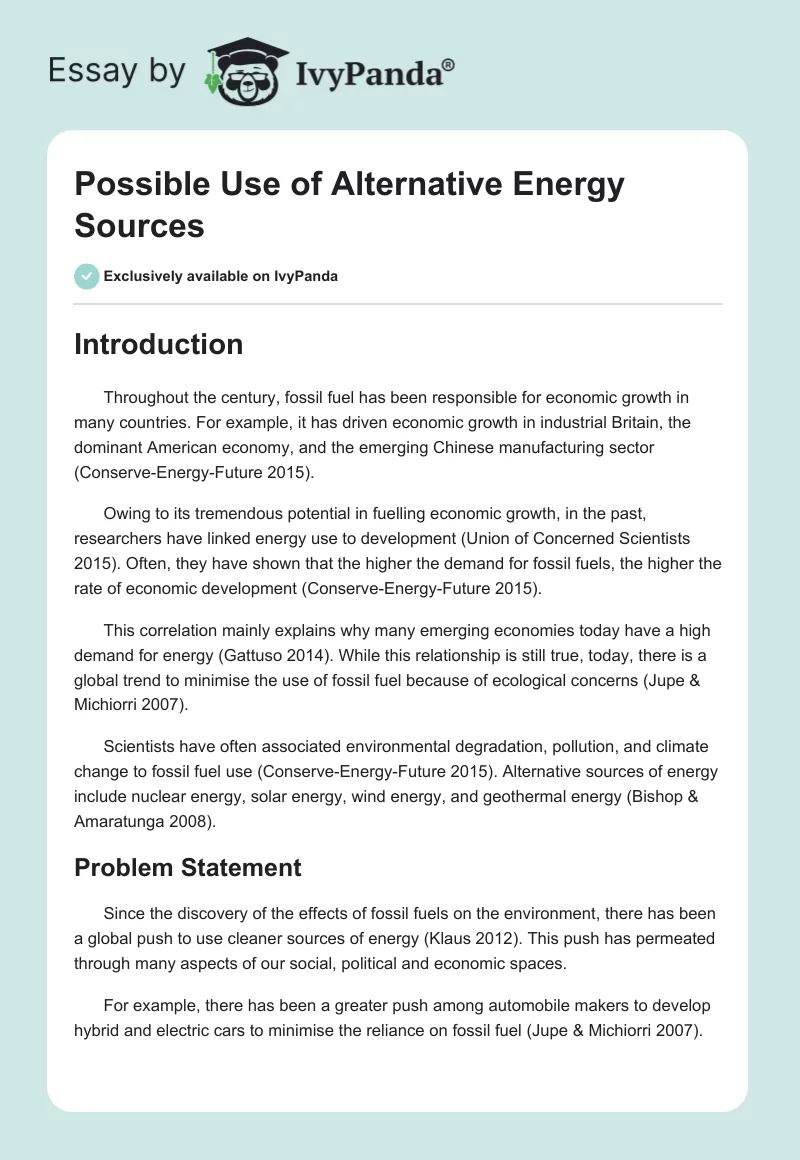 Possible Use of Alternative Energy Sources. Page 1