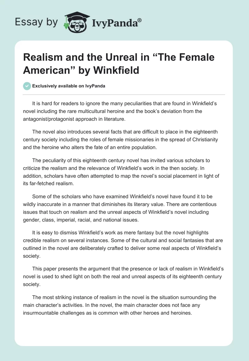 Realism and the Unreal in “The Female American” by Winkfield. Page 1