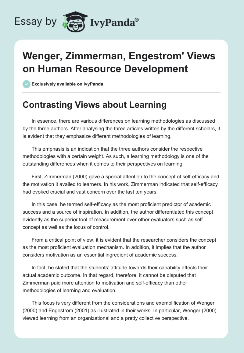 Wenger, Zimmerman, Engestrom' Views on Human Resource Development. Page 1