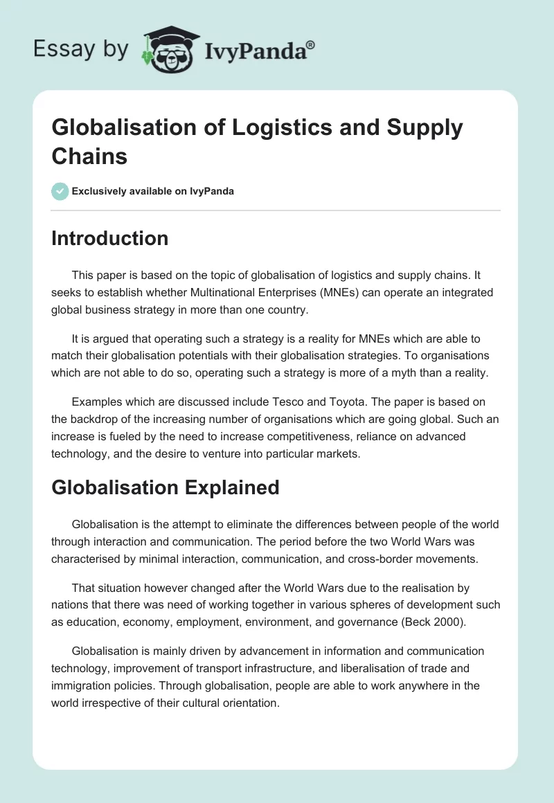 Globalisation of Logistics and Supply Chains. Page 1