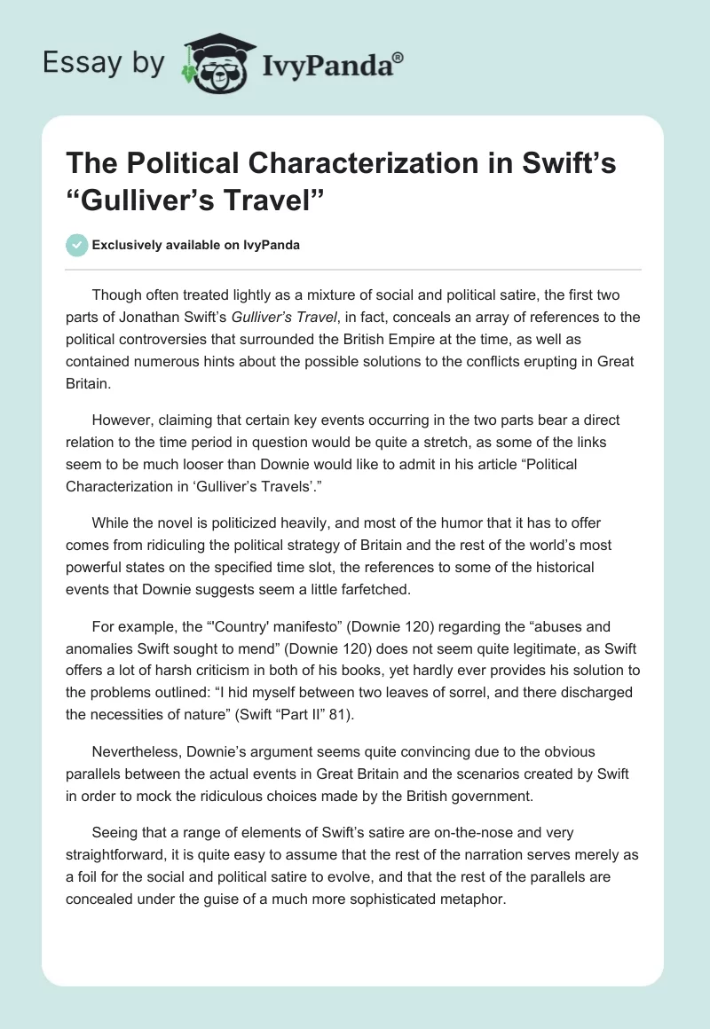 The Political Characterization in Swift’s “Gulliver’s Travel”. Page 1