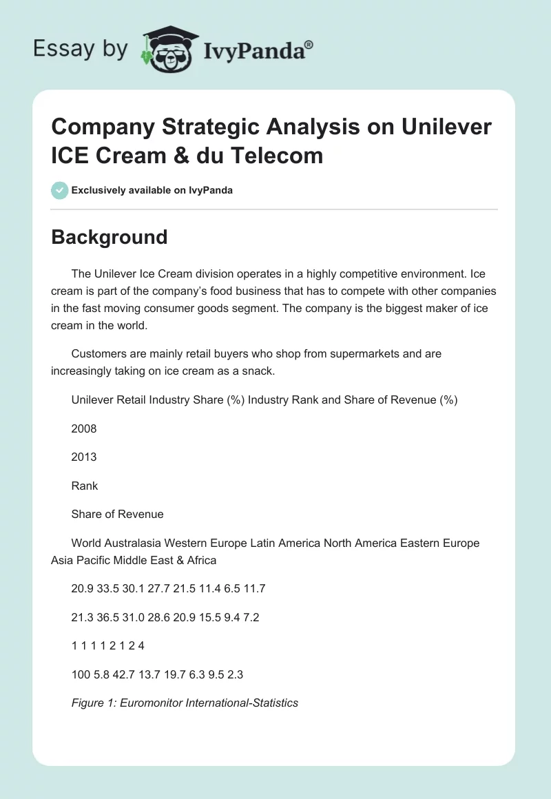 Company Strategic Analysis on Unilever ICE Cream & du Telecom. Page 1