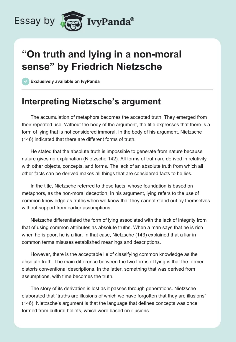 “On Truth and Lying in a Non-Moral Sense” by Friedrich Nietzsche. Page 1