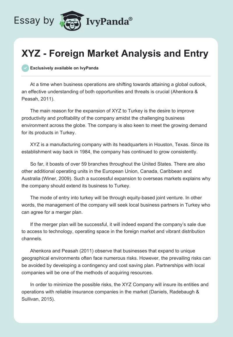 XYZ - Foreign Market Analysis and Entry. Page 1