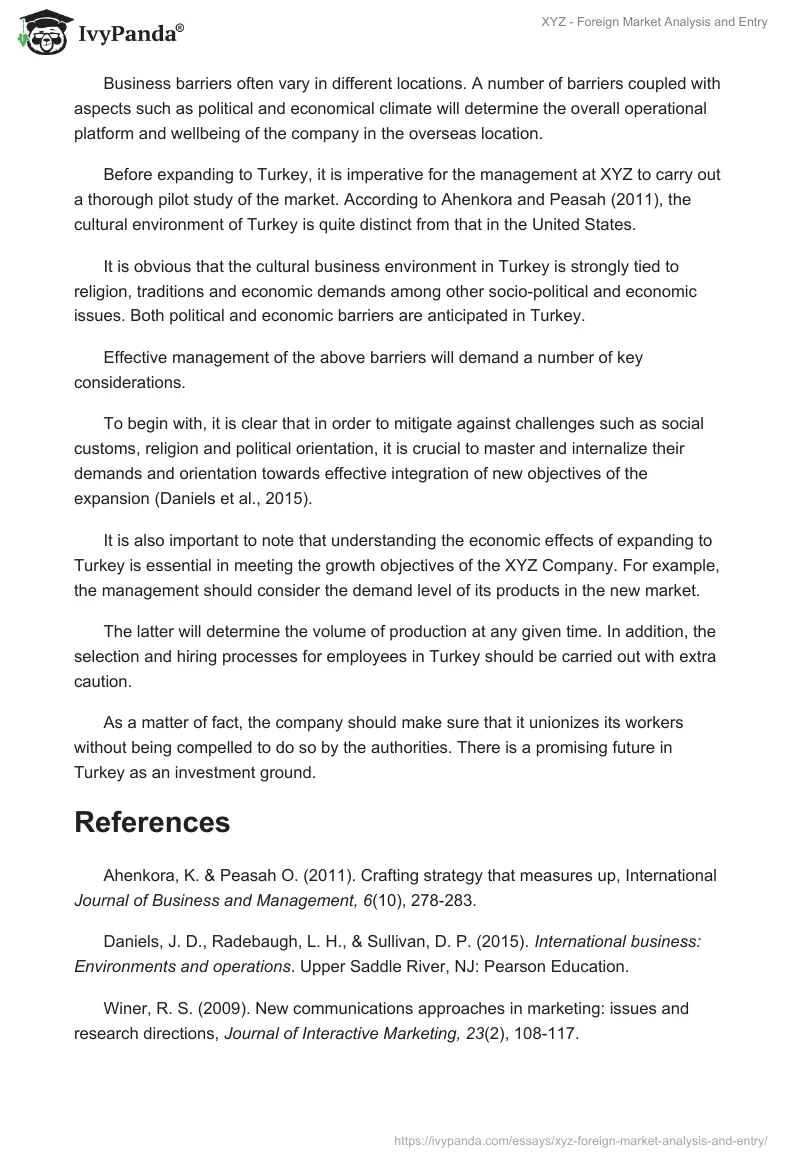 XYZ - Foreign Market Analysis and Entry. Page 2