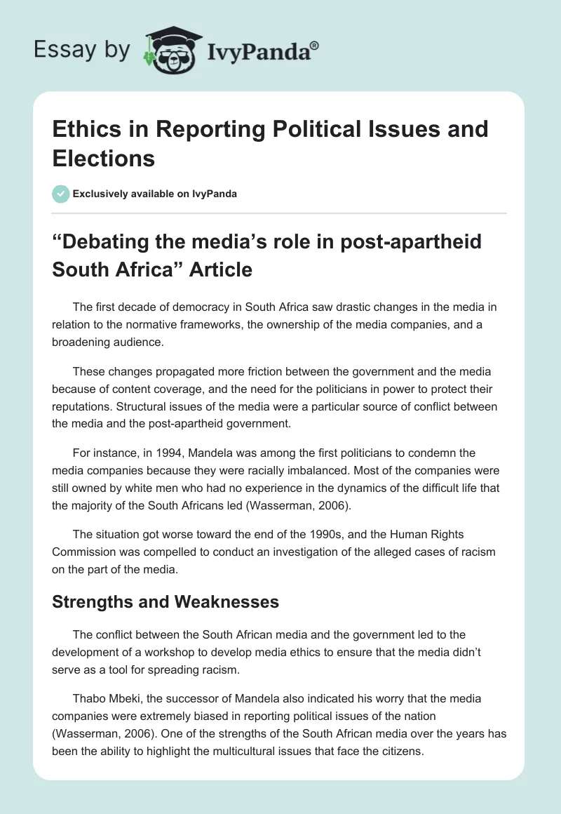 Ethics in Reporting Political Issues and Elections. Page 1