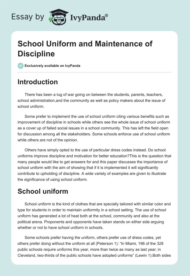 School Uniform and Maintenance of Discipline. Page 1