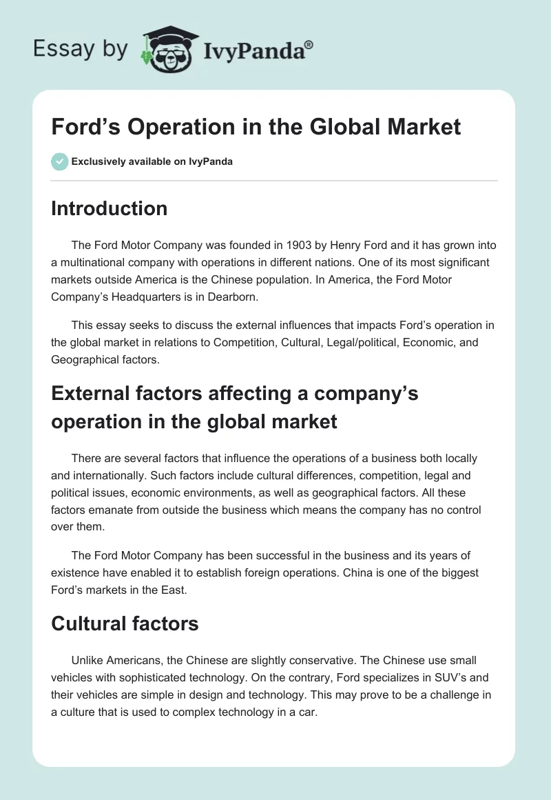 Ford’s Operation in the Global Market. Page 1