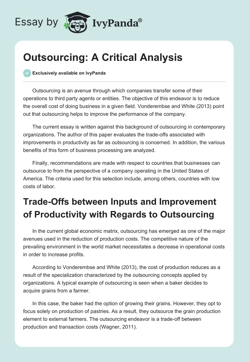 Outsourcing: A Critical Analysis. Page 1