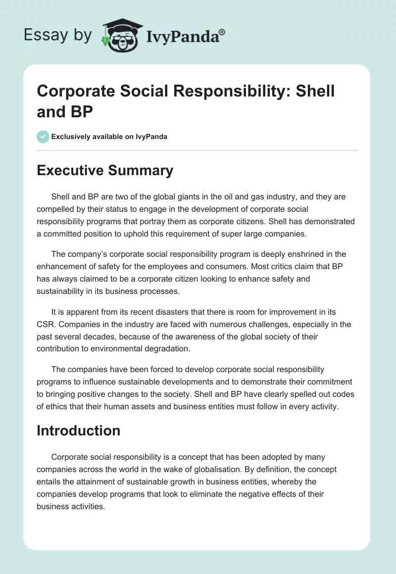 Corporate Social Responsibility: Shell and BP. Page 1