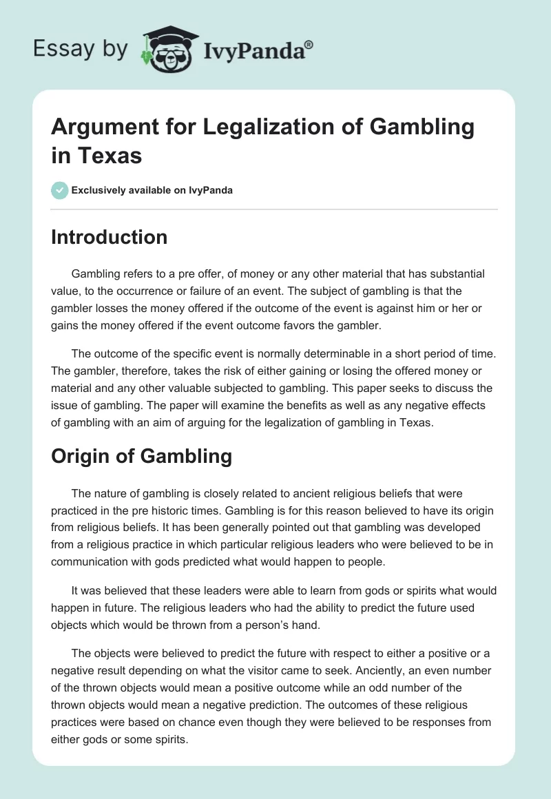 Argument for Legalization of Gambling in Texas. Page 1