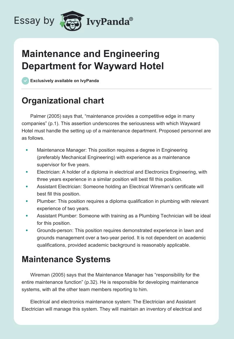Maintenance and Engineering Department for Wayward Hotel. Page 1