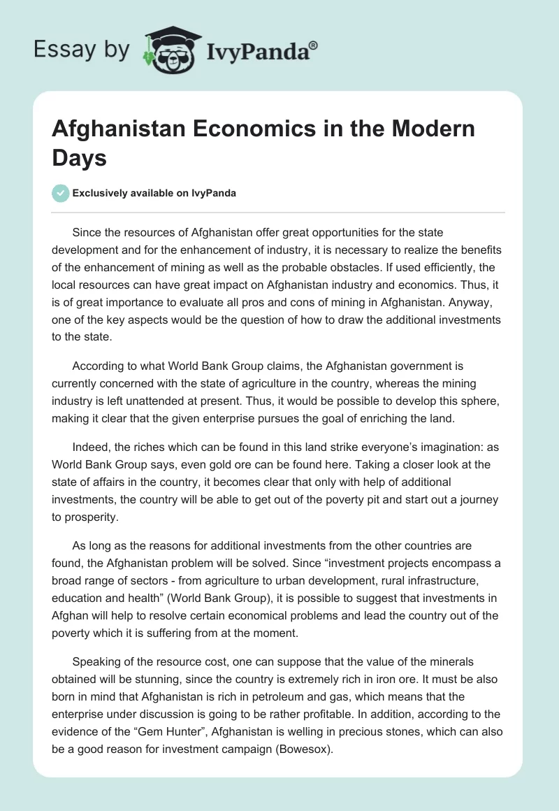 Afghanistan Economics in the Modern Days. Page 1
