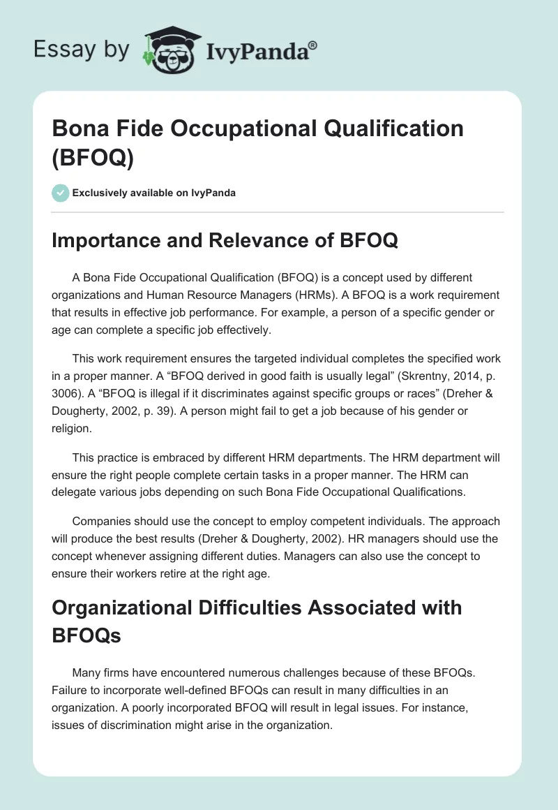 Bona Fide Occupational Qualification (BFOQ). Page 1