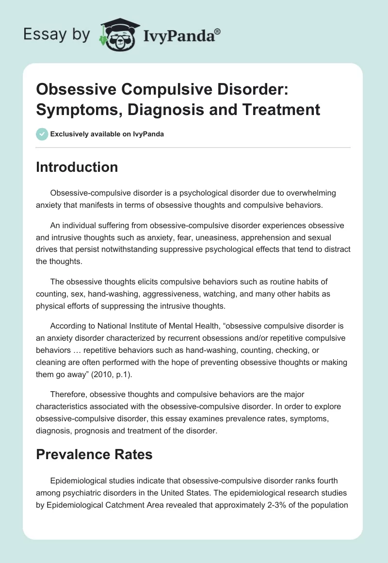 Obsessive Compulsive Disorder: Symptoms, Diagnosis and Treatment. Page 1