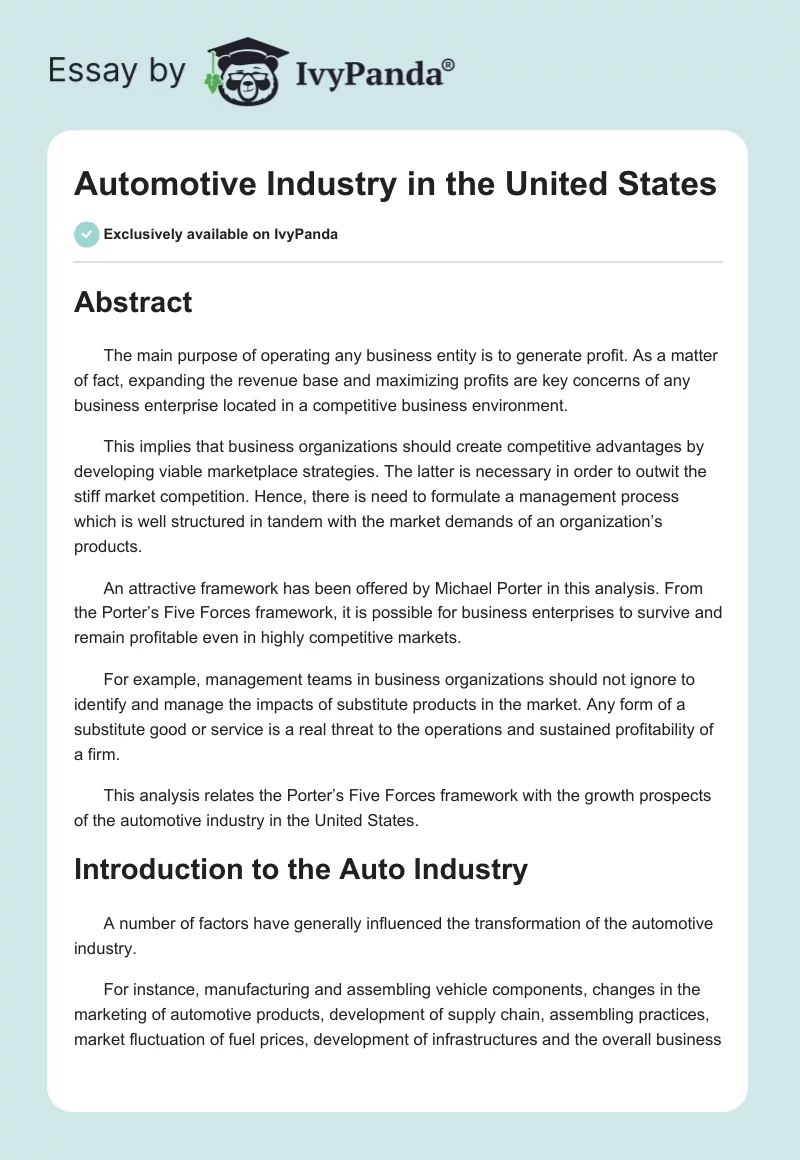 Automotive Industry in the United States. Page 1
