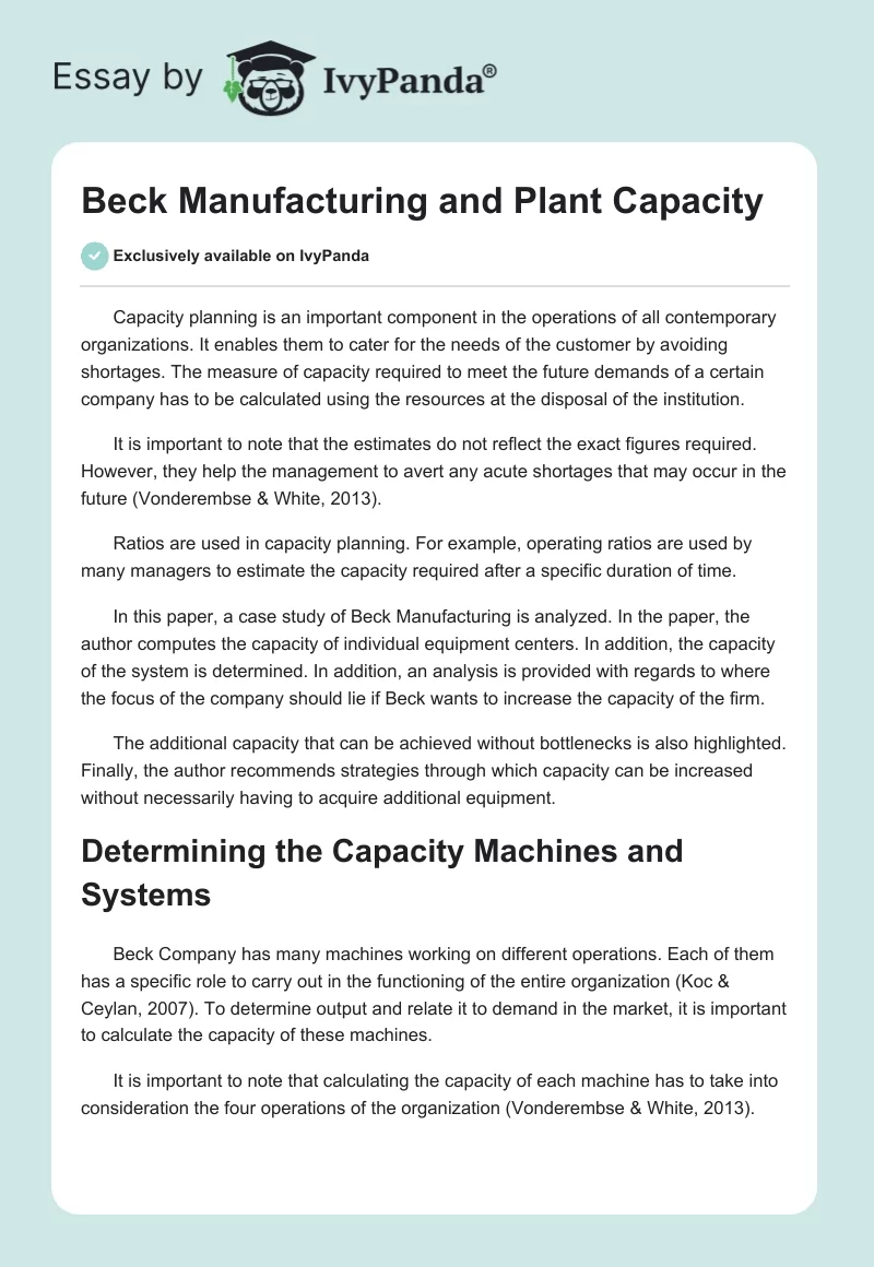 Beck Manufacturing and Plant Capacity. Page 1
