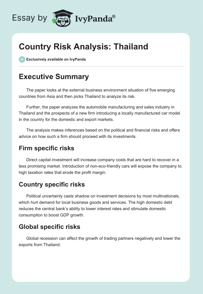 Country Risk Analysis: Thailand. Page 1