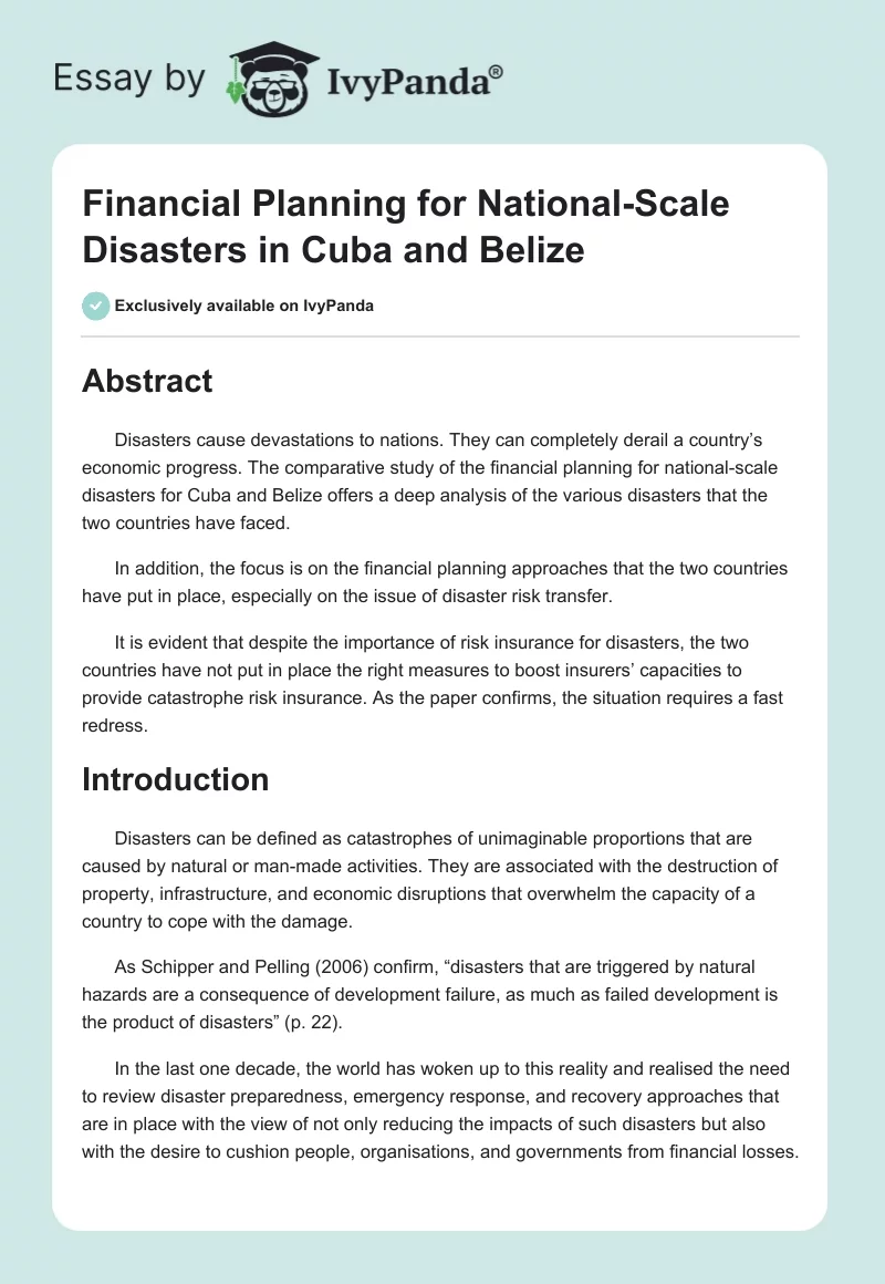 Financial Planning for National-Scale Disasters in Cuba and Belize. Page 1
