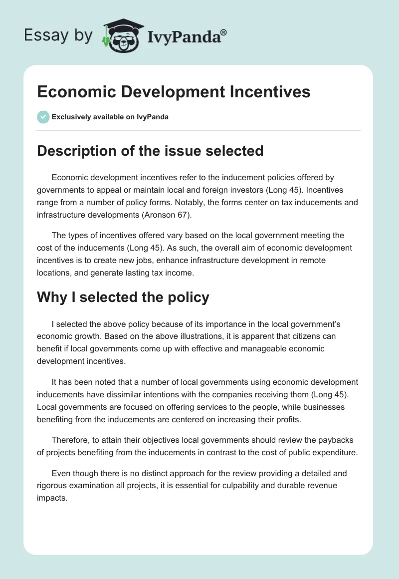 Economic Development Incentives. Page 1