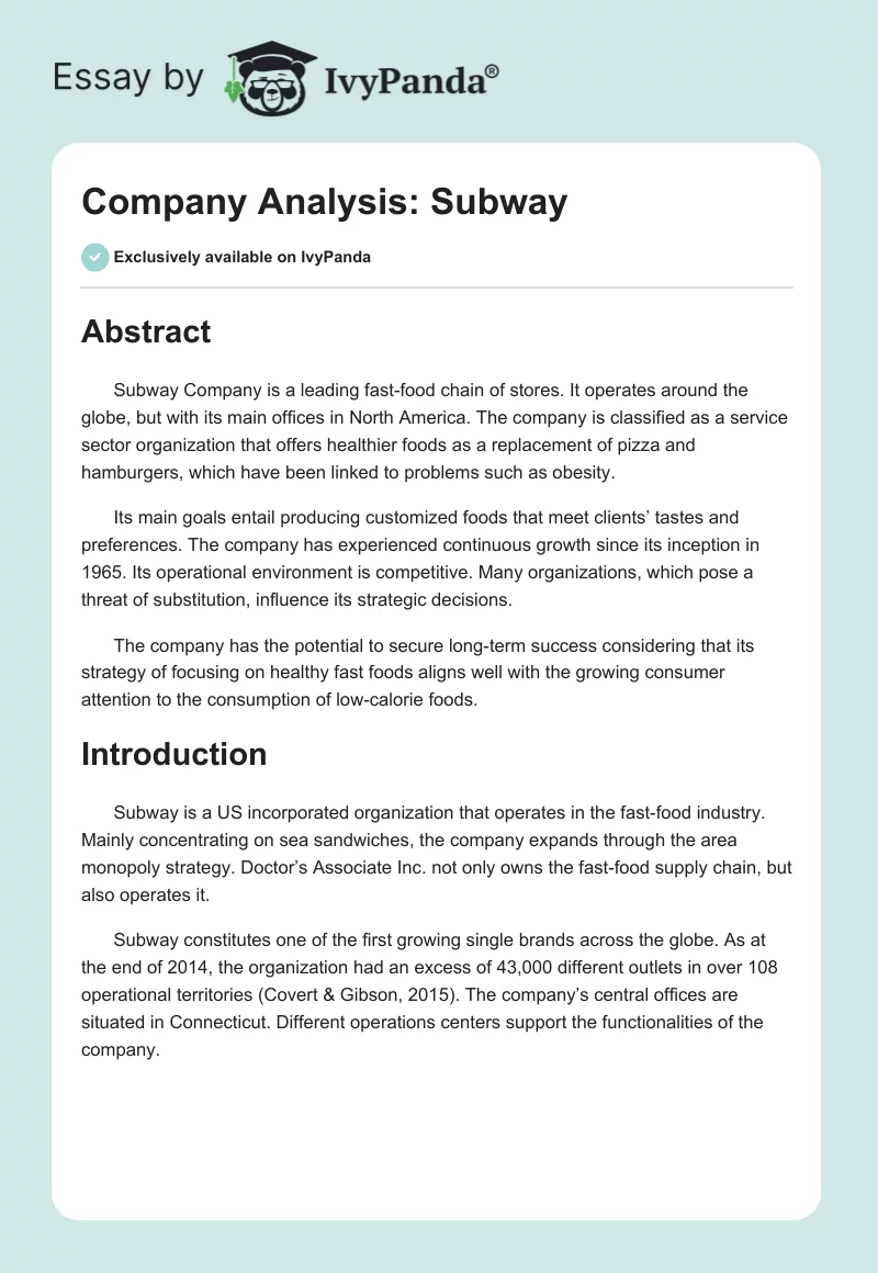 Company Analysis: Subway. Page 1