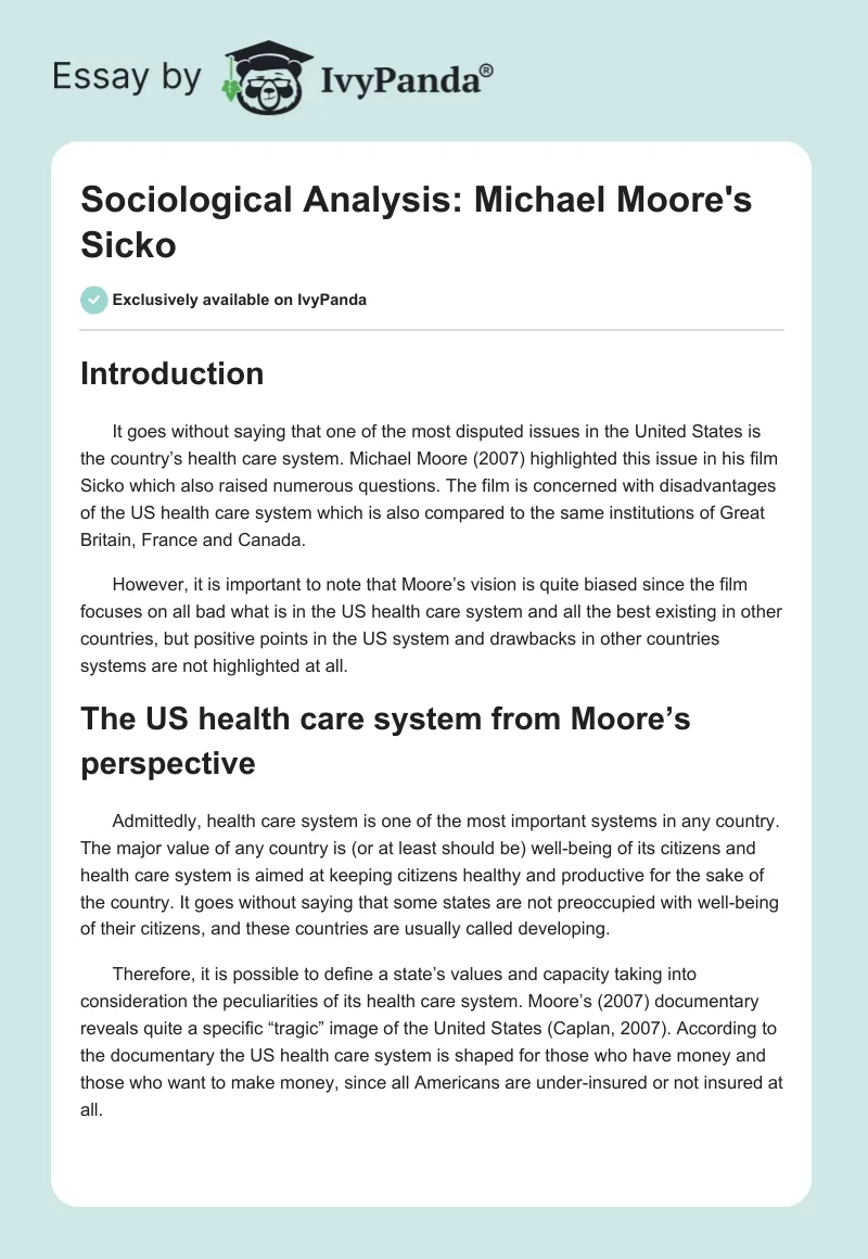 Sociological Analysis: Michael Moore's "Sicko". Page 1