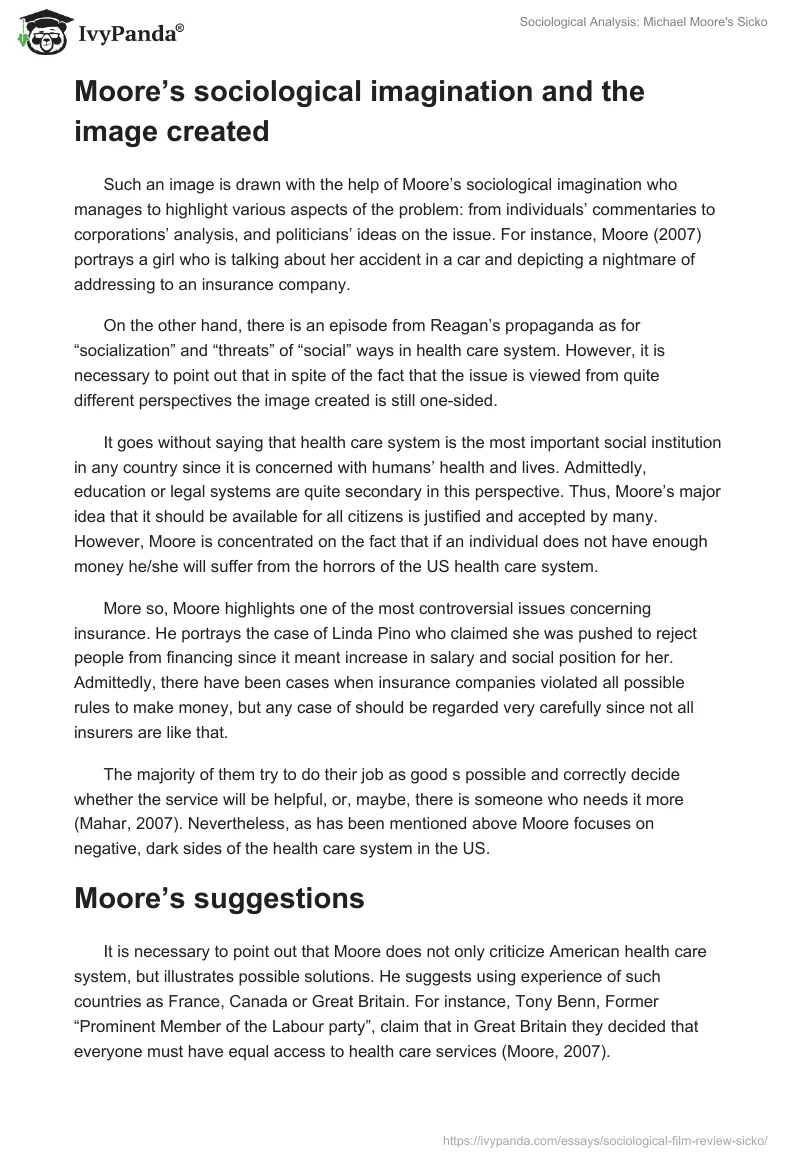 Sociological Analysis: Michael Moore's "Sicko". Page 2