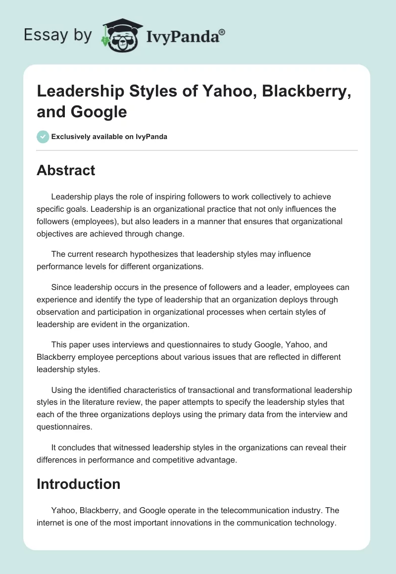 Leadership Styles of Yahoo, Blackberry, and Google. Page 1