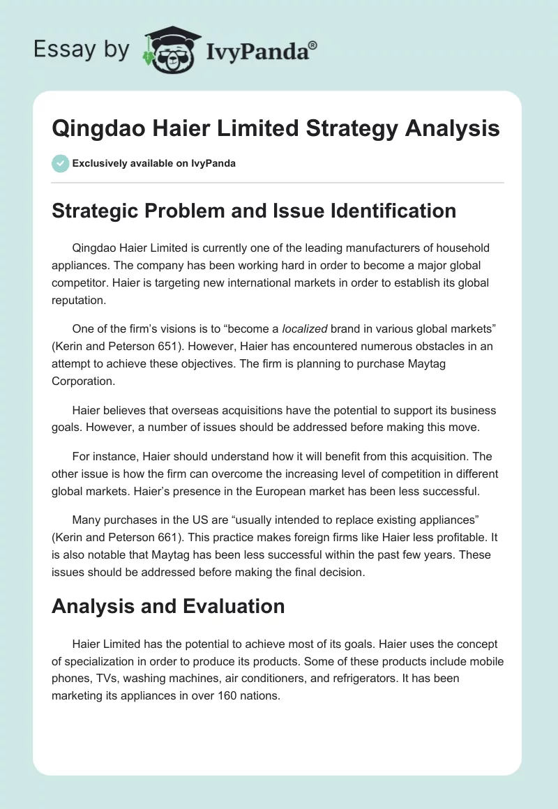 Qingdao Haier Limited Strategy Analysis. Page 1