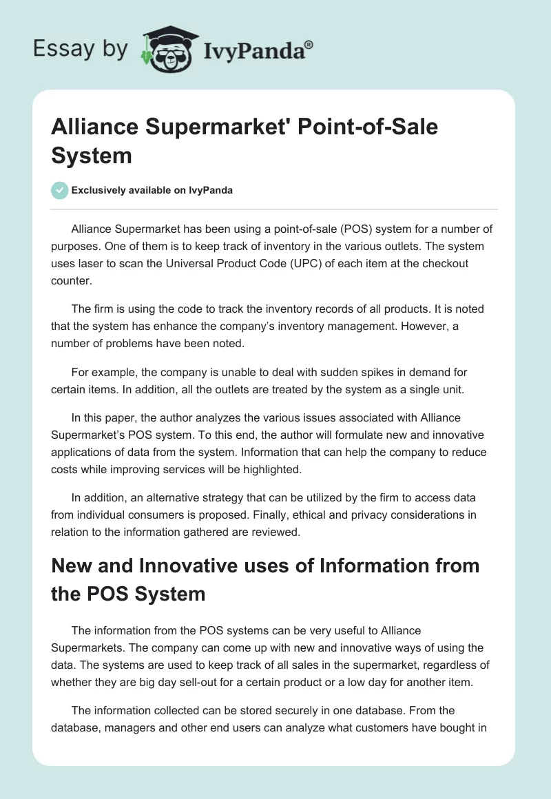 Alliance Supermarket' Point-of-Sale System. Page 1