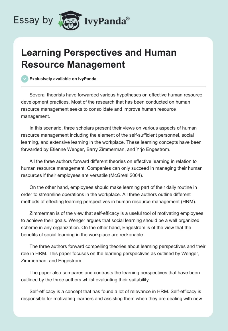 Learning Perspectives and Human Resource Management. Page 1