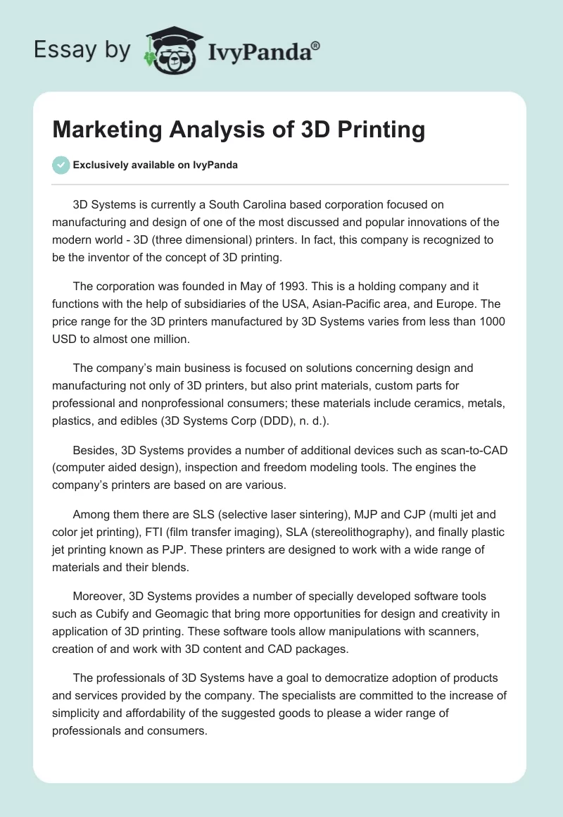 Marketing Analysis of 3D Printing. Page 1