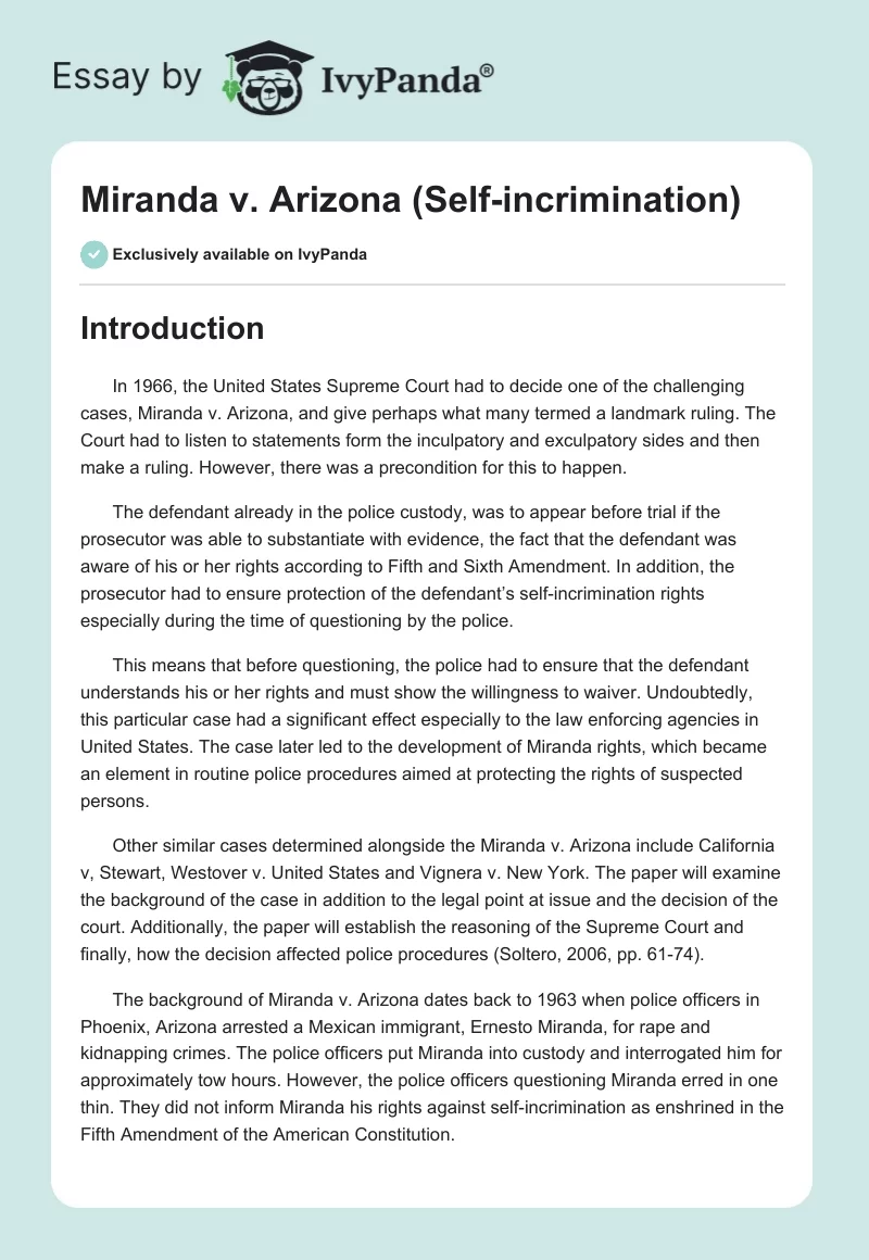 Miranda v. Arizona (Self-incrimination). Page 1
