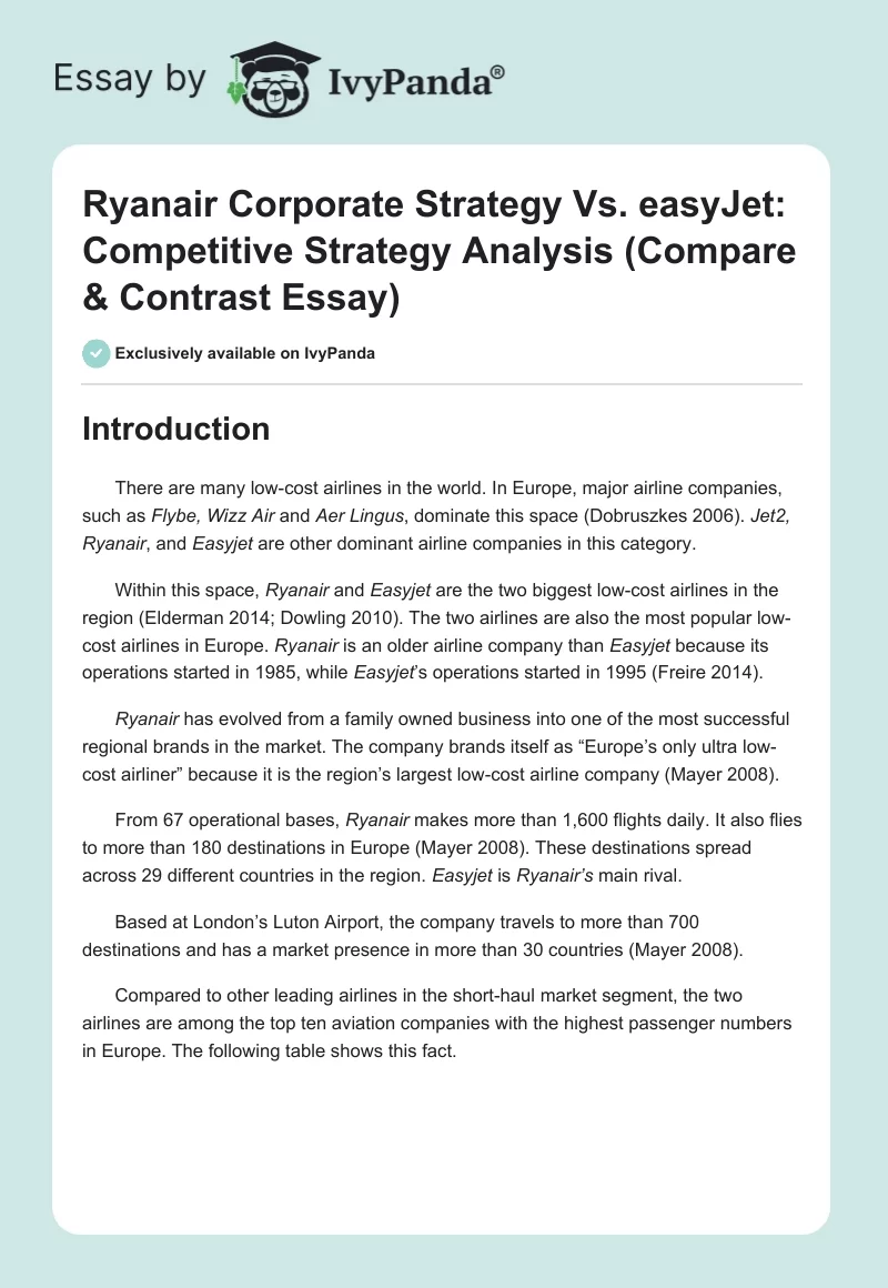 Ryanair Corporate Strategy vs. EasyJet: Competitive Strategy Analysis (Compare & Contrast Essay). Page 1