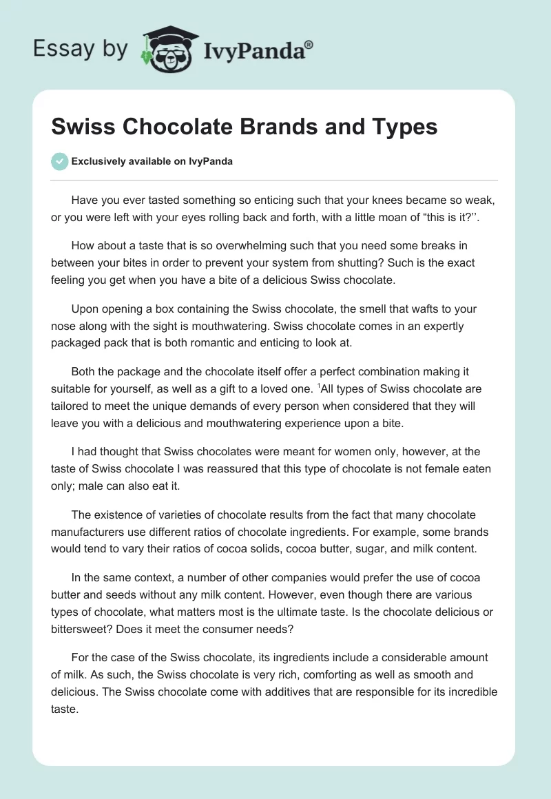 Swiss Chocolate Brands and Types. Page 1