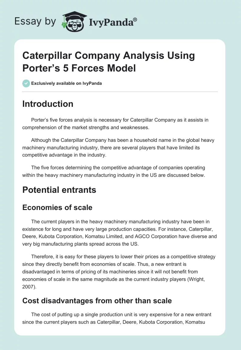 Caterpillar Company Analysis Using Porter’s 5 Forces Model. Page 1